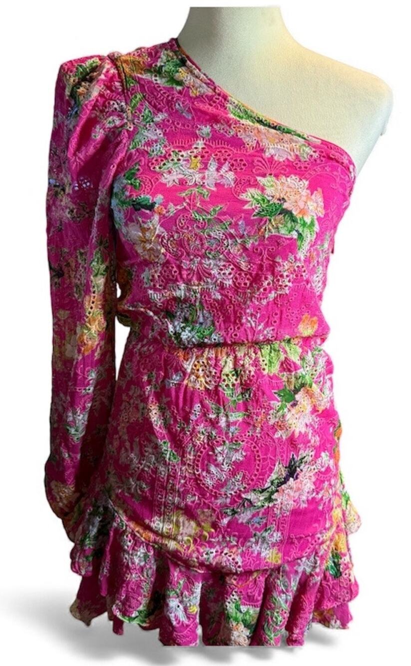 Hemant & Nandita Eyelet Lace Floral One Shoulder Mini Dress, Pink, Size Small
